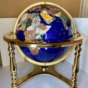 18”Blue Globe Ocean Gold 4 leg table stand Gem Gemstone World MAP Compass